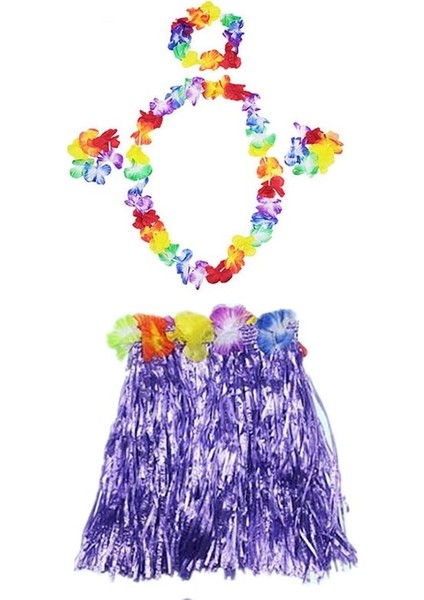 Luau Aloha Hawaii Kolye Etek Taç ve Bileklik Seti Mor (3791)