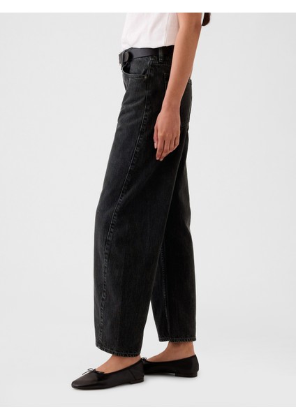 Kadın Siyah High Rise Barrel Jean Pantolon
