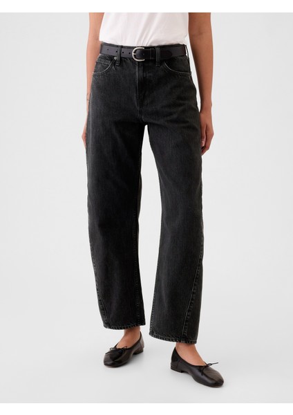 Kadın Siyah High Rise Barrel Jean Pantolon