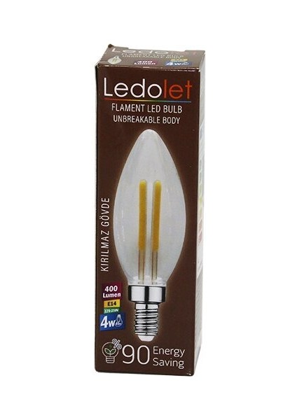 Ledolet 4W=45W - E14 Mum Flament LED Rustik Ampul 400LUMEN - 3000K Kırılmaz Gövde (3791)
