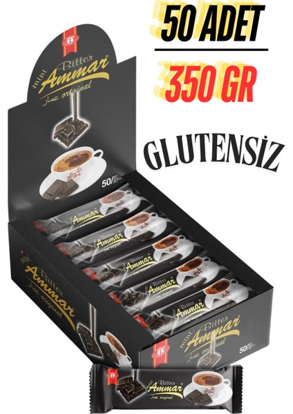 Bitter Çikolata (50 ADET X 7 GR=350GR) Gerçek Bitter Lezzeti, Kahve Yanı, İkramlık,