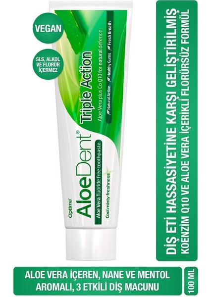 Aloe Vera 3 Etkili Diş Macunu 100 ml – Florür ve SLS İçermeyen Doğal Beyazlatıcı ve Koruyucu Formül