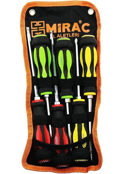 Bez Çantalı Renkli - Kauçuk Kaplama Saplı Darbeli 6lı Set Çift Taraflı Tornavida Takımı (3791)