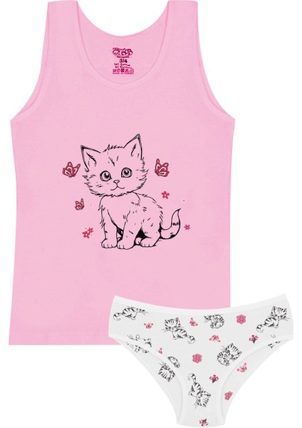 Kız Çocuk Atlet Külot Likralı Pembe Kedi (%96 Pamuk - %4 Elastan)