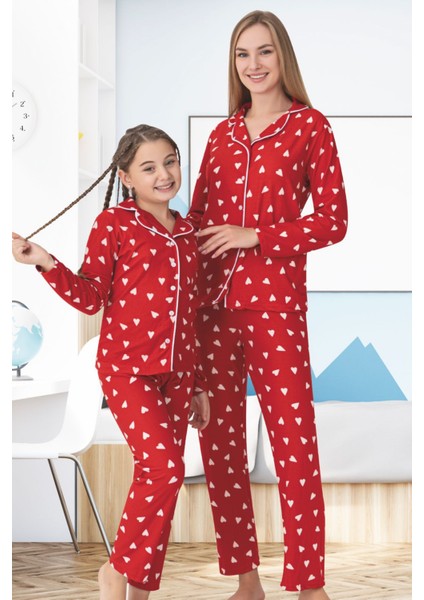 Anne Kız Pijama Takımı Beyaz Kalp Desenli Kırmızı