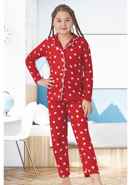 Anne Kız Pijama Takımı Beyaz Kalp Desenli Kırmızı fiyatları