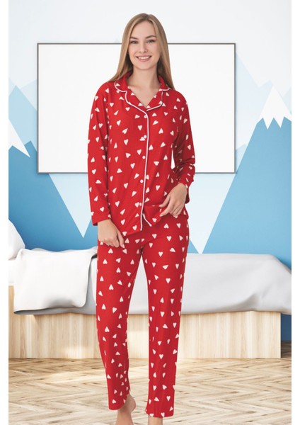 Anne Kız Pijama Takımı Beyaz Kalp Desenli Kırmızı modelleri