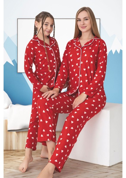 Anne Kız Pijama Takımı Beyaz Kalp Desenli Kırmızı fırsatları