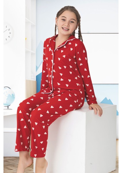 Anne Kız Pijama Takımı Beyaz Kalp Desenli Kırmızı indirimleri