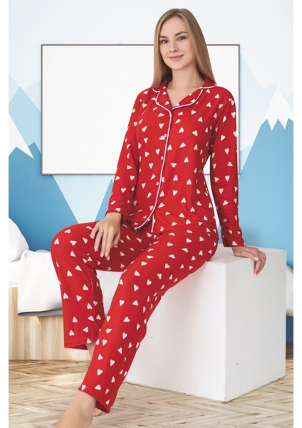 Anne Kız Pijama Takımı Beyaz Kalp Desenli Kırmızı