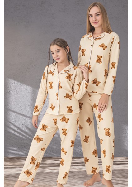 Anne Kız Kombini Ayıcık Desenli Gömlek Yaka Pijama Takımı