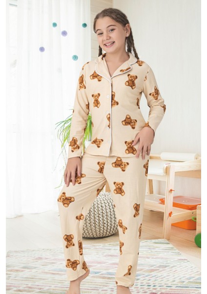 Anne Kız Kombini Ayıcık Desenli Gömlek Yaka Pijama Takımı fiyatları