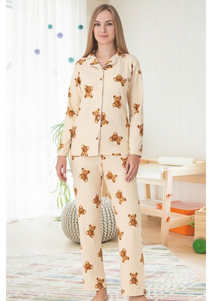Anne Kız Kombini Ayıcık Desenli Gömlek Yaka Pijama Takımı modelleri