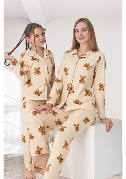 Anne Kız Kombini Ayıcık Desenli Gömlek Yaka Pijama Takımı indirimleri