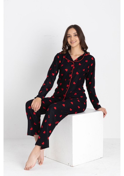 Anne Kız Kırmızı Kalp Desenli Süet Pijama Takımı fiyatları