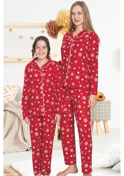 Anne Kız Kırmızı Pijama Takımı - Kar Temalı