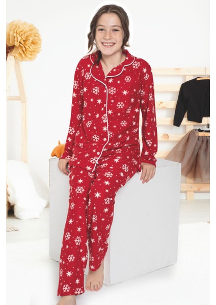 Anne Kız Kırmızı Pijama Takımı - Kar Temalı modelleri