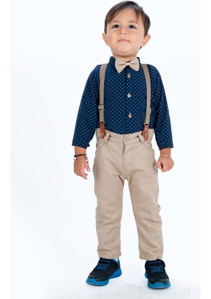 Gömlekli Alttan Çıtçıtlı Gabardin Pantolonlu Pamuklu Bebek Takım MNK0294