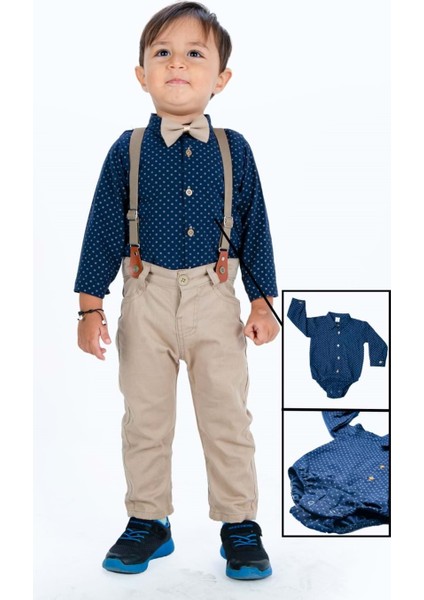 Gömlekli Alttan Çıtçıtlı Gabardin Pantolonlu Pamuklu Bebek Takım MNK0294 fiyatları