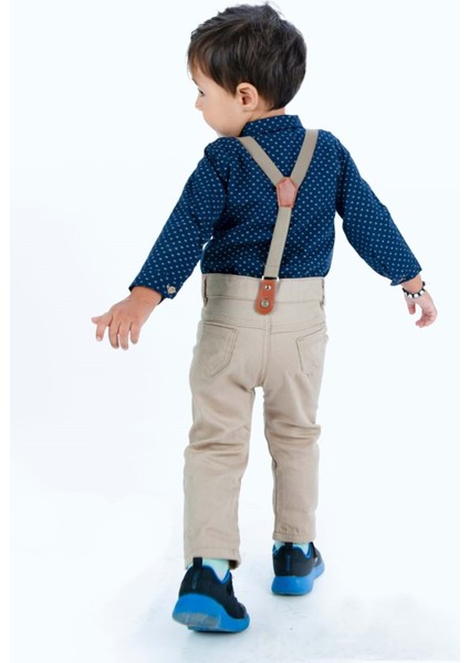 Gömlekli Alttan Çıtçıtlı Gabardin Pantolonlu Pamuklu Bebek Takım MNK0294 fırsatları
