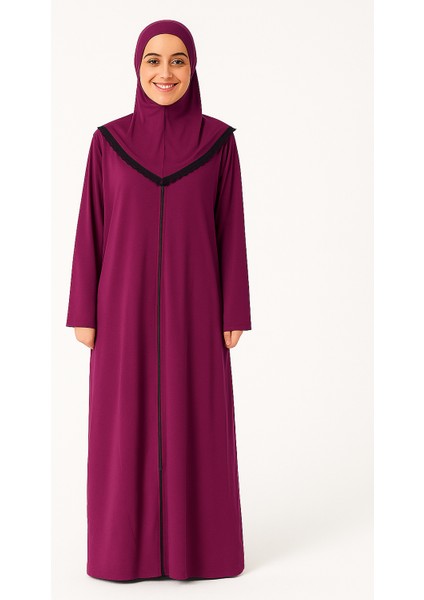 Kendinden Örtülü Fermuarlı Namaz Elbisesi – Mor