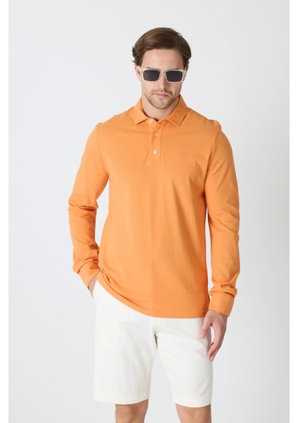 Erkek Polo Yaka Uzun Kollu Sweatshirt - Turuncu