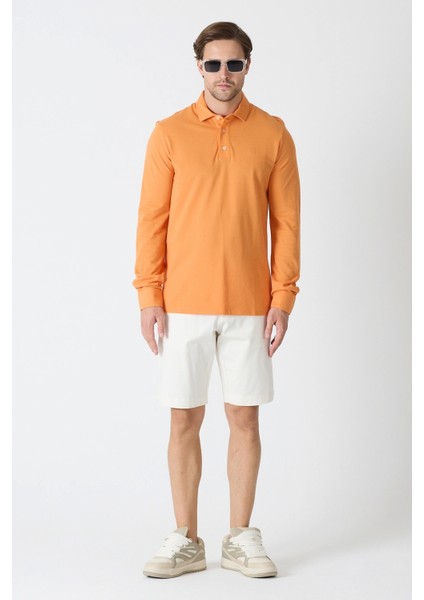 Erkek Polo Yaka Uzun Kollu Sweatshirt - Turuncu