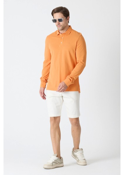 Erkek Polo Yaka Uzun Kollu Sweatshirt - Turuncu