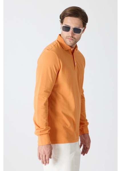 Erkek Polo Yaka Uzun Kollu Sweatshirt - Turuncu