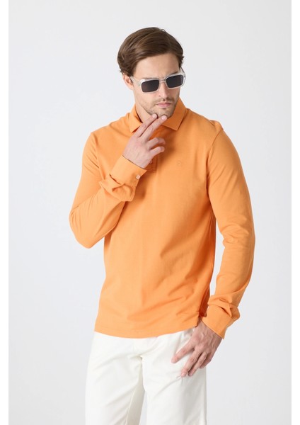 Erkek Polo Yaka Uzun Kollu Sweatshirt - Turuncu