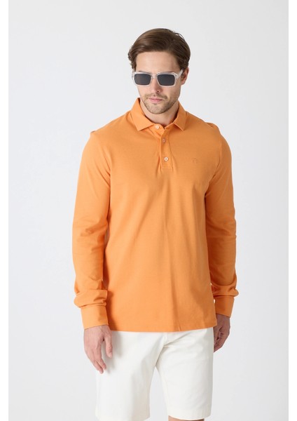 Erkek Polo Yaka Uzun Kollu Sweatshirt - Turuncu