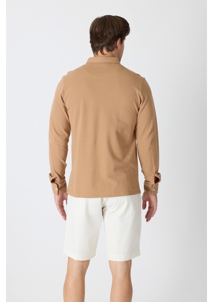 Erkek Polo Yaka Uzun Kollu Sweatshirt - Camel fırsatları