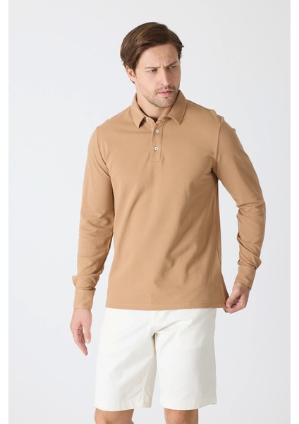 Erkek Polo Yaka Uzun Kollu Sweatshirt - Camel