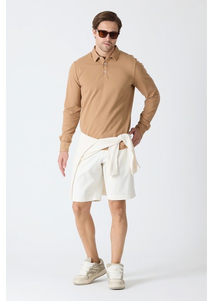Erkek Polo Yaka Uzun Kollu Sweatshirt - Camel