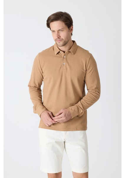 Erkek Polo Yaka Uzun Kollu Sweatshirt - Camel