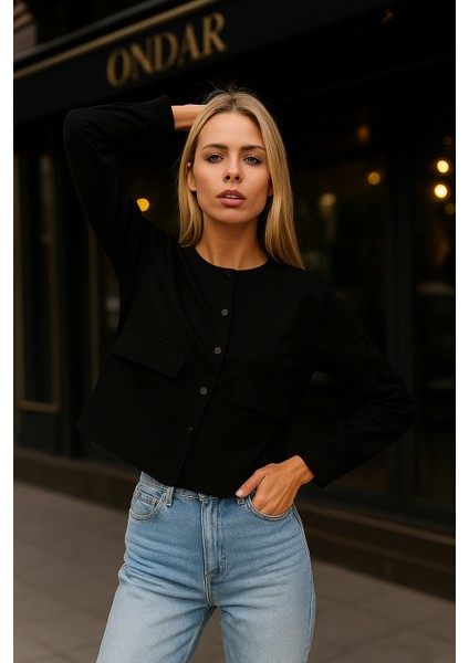 Kadın Siyah Cepli Hakim Yaka Gömlek – Şık ve Rahat Tasarım indirimleri