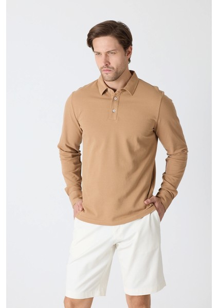 Erkek Polo Yaka Uzun Kollu Sweatshirt - Camel