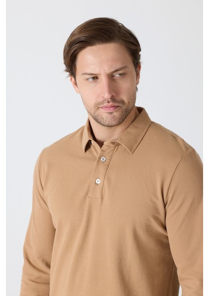 Erkek Polo Yaka Uzun Kollu Sweatshirt - Camel modelleri