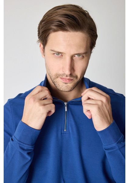 Erkek Dik Yaka Fermuarlı Sweatshirt - Indigo indirimleri