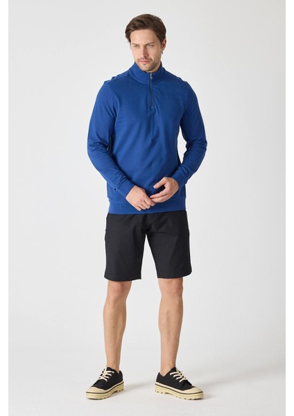Erkek Dik Yaka Fermuarlı Sweatshirt - Indigo