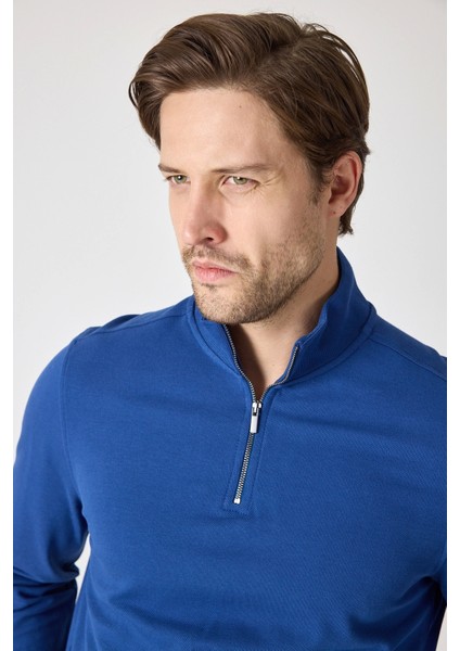 Erkek Dik Yaka Fermuarlı Sweatshirt - Indigo