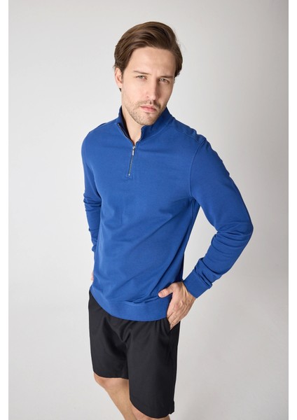 Erkek Dik Yaka Fermuarlı Sweatshirt - Indigo