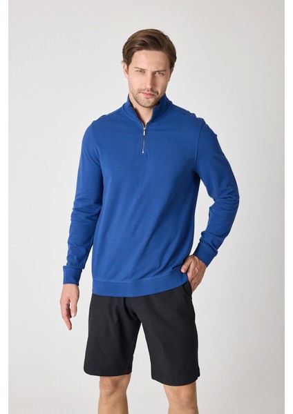 Erkek Dik Yaka Fermuarlı Sweatshirt - Indigo