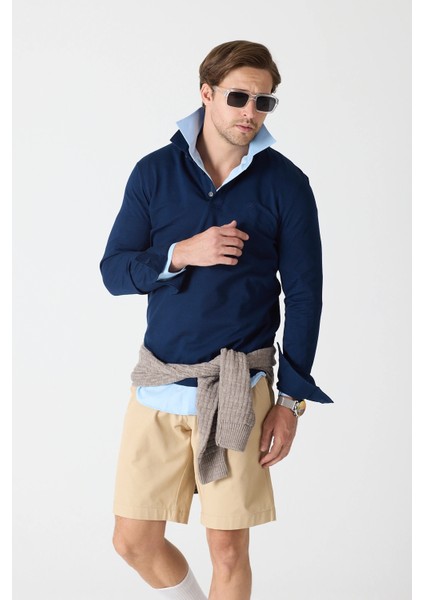 Erkek Polo Yaka Uzun Kollu Sweatshirt - Lacivert