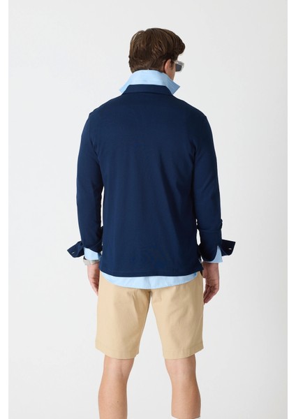 Erkek Polo Yaka Uzun Kollu Sweatshirt - Lacivert indirimleri