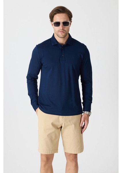 Erkek Polo Yaka Uzun Kollu Sweatshirt - Lacivert