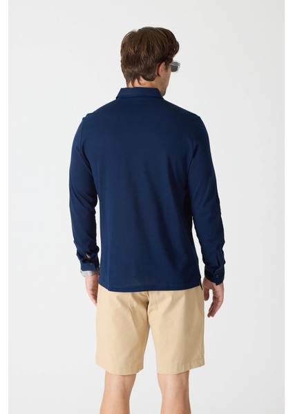 Erkek Polo Yaka Uzun Kollu Sweatshirt - Lacivert