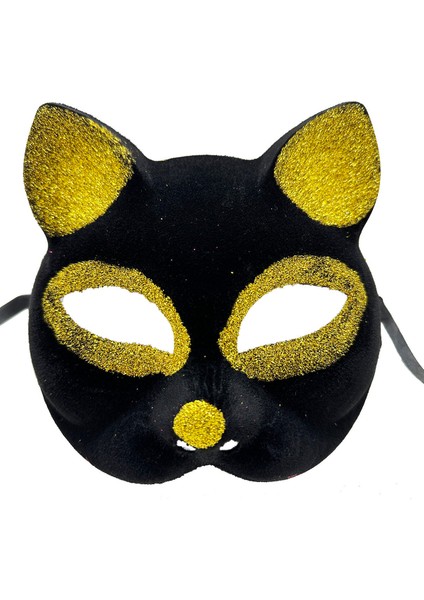 Siyah Renk Gold Simli Süet Kaplama Kedi Maskesi 18x14 cm (3791)