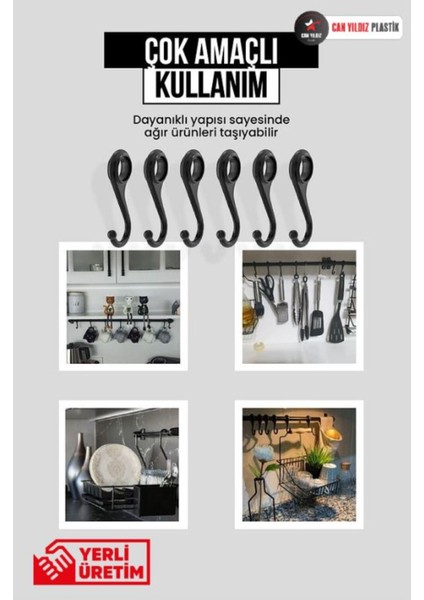 Can Yıldız Plastik Duvar Mobilyaya Monte 6 Kancalı Fincan Kupa Bardak Kaşık Kepçe Askısı Siyah 50CM modelleri