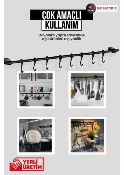 Can Yıldız Plastik Duvar Mobilyaya Monte 6 Kancalı Fincan Kupa Bardak Kaşık Kepçe Askısı Siyah 50CM fırsatları